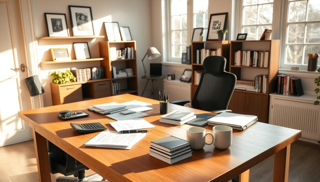 A well-lit, airy home office with a large wooden desk, a comfortable ergonomic chair, and various tax-related items scattered across the surface - a calculator, a stack of documents, a pen holder, and a mug of coffee. The walls are adorned with shelves displaying business books and framed certificates. Warm sunlight streams in through large windows, casting a soft glow on the scene. The overall atmosphere conveys a sense of productivity and organization, reflecting the focus on maximizing tax deductions for remote workers.