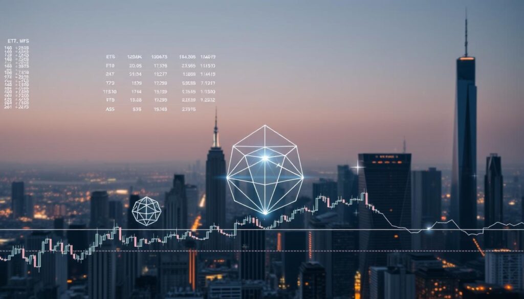 A well-lit, clean-lined comparison of quantum computing ETFs and individual tech stocks. In the foreground, holographic stock tickers and financial metrics shimmer above a sleek, minimalist trading interface. In the middle ground, geometric visualizations of quantum computing algorithms and data flows intersect with stylized charts and graphs. The background features a cityscape of towering skyscrapers, hinting at the scale and sophistication of the quantum finance industry. The overall mood is one of innovation, precision, and the seamless integration of quantum technology into the modern investment landscape.