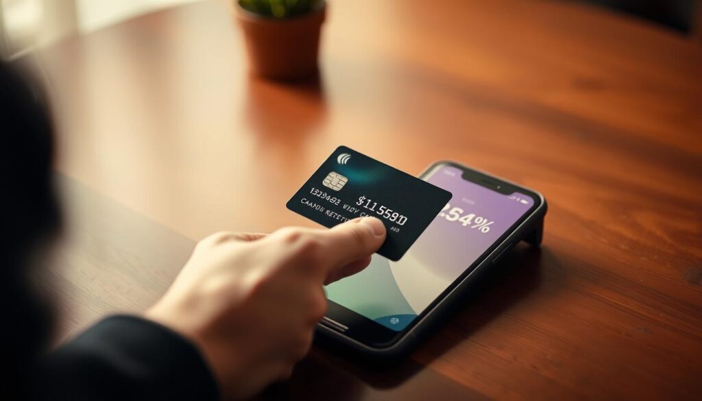 A well-lit, high-resolution photograph of a person's hand holding a credit card, with the card's balance prominently displayed on the screen of a smartphone placed next to it. The foreground should depict the card and phone in sharp focus, while the background is softly blurred, conveying a sense of solemnity and concern. The lighting should be warm and natural, with subtle shadows to add depth and dimension. The overall mood should be one of contemplation and unease, reflecting the draining effect of carrying a high credit card balance. A well-lit, high-resolution photograph of a person's hand holding a credit card, with the card's balance prominently displayed on the screen of a smartphone placed next to it. The foreground should depict the card and phone in sharp focus, while the background is softly blurred, conveying a sense of solemnity and concern. The lighting should be warm and natural, with subtle shadows to add depth and dimension. The overall mood should be one of contemplation and unease, reflecting the draining effect of carrying a high credit card balance.