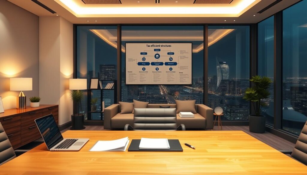A well-lit, meticulously designed modern office with sleek furniture and minimalist decor. In the foreground, a large oak desk with a laptop, a stack of documents, and a pen set. Hanging on the wall behind the desk, a detailed infographic illustrating various tax-efficient business structures, including a holding company, a subsidiary, and a partnership. Warm, indirect lighting casts a professional atmosphere, while floor-to-ceiling windows offer a picturesque view of a bustling cityscape in the background. The overall mood is one of organized efficiency and financial acumen.
