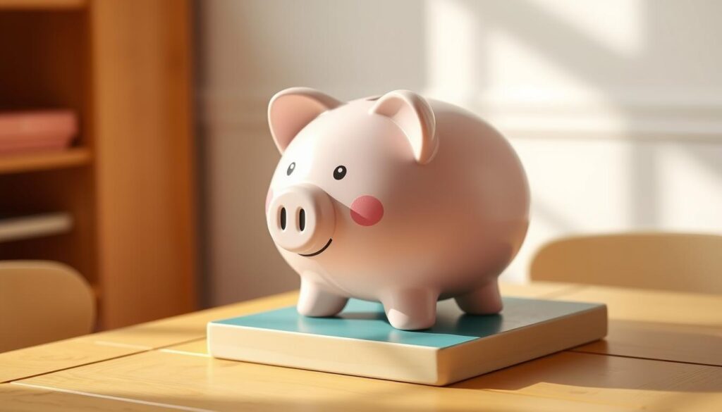 A whimsical, child-friendly piggy bank resting on a vibrant wooden table. The piggy bank is rendered in a soft, pastel color palette, adorned with playful details like polka dots, stripes, and a cheerful smile. Warm, diffused lighting from the side casts gentle shadows, giving the scene a cozy, inviting feel. The table is positioned in a bright, airy room with white walls, hinting at a nurturing, educational environment. The overall composition conveys a sense of simplicity, approachability, and the joy of saving money - perfect for illustrating a section on teaching children about financial literacy. A whimsical, child-friendly piggy bank resting on a vibrant wooden table. The piggy bank is rendered in a soft, pastel color palette, adorned with playful details like polka dots, stripes, and a cheerful smile. Warm, diffused lighting from the side casts gentle shadows, giving the scene a cozy, inviting feel. The table is positioned in a bright, airy room with white walls, hinting at a nurturing, educational environment. The overall composition conveys a sense of simplicity, approachability, and the joy of saving money - perfect for illustrating a section on teaching children about financial literacy.