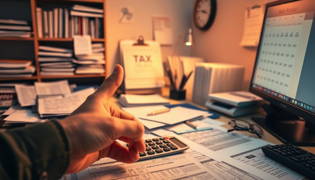 A workspace filled with tax documents, receipts, and a desktop computer. In the foreground, a hand hovers over a calculator, highlighting the common mistakes people make when filing crypto taxes - overlooking unreported gains, mixing personal and business expenses, and misunderstanding complex tax rules. Soft, warm lighting illuminates the scene, creating a pensive, contemplative mood. The background features shelves of financial books and a wall calendar, emphasizing the need for thorough planning and organization when managing crypto tax obligations. A workspace filled with tax documents, receipts, and a desktop computer. In the foreground, a hand hovers over a calculator, highlighting the common mistakes people make when filing crypto taxes - overlooking unreported gains, mixing personal and business expenses, and misunderstanding complex tax rules. Soft, warm lighting illuminates the scene, creating a pensive, contemplative mood. The background features shelves of financial books and a wall calendar, emphasizing the need for thorough planning and organization when managing crypto tax obligations.