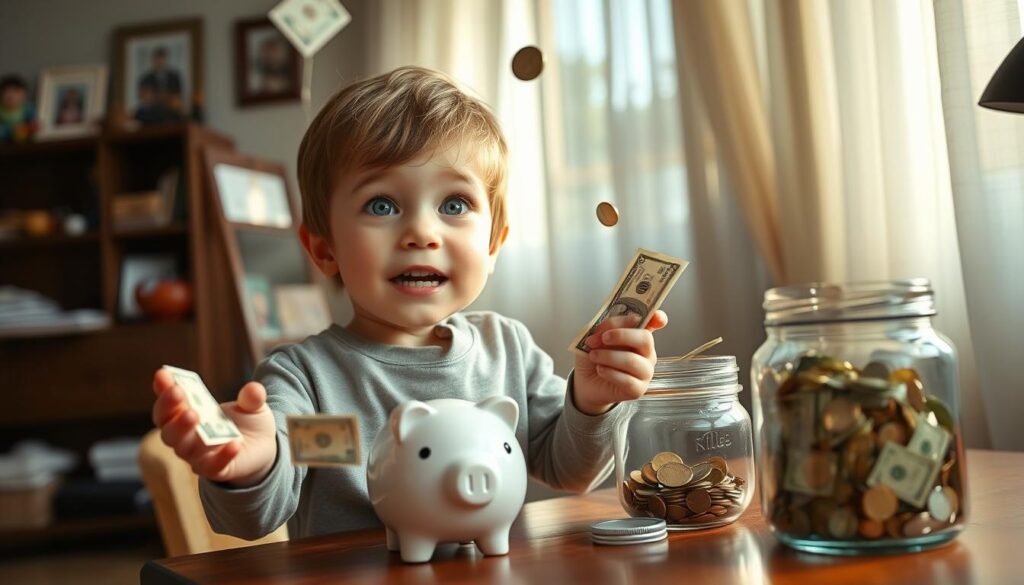 An allowance of crisp bills and shiny coins cascading into a child's hands, their eyes wide with excitement. A cozy room, sunlight filtering through gauzy curtains, a wooden desk where a piggy bank and savings jar sit, waiting to be filled. In the background, family photos and colorful drawings adorn the walls, creating a sense of warmth and security. The mood is one of anticipation and the promise of financial responsibility, as the child learns the value of saving and the satisfaction of watching their money grow. An allowance of crisp bills and shiny coins cascading into a child's hands, their eyes wide with excitement. A cozy room, sunlight filtering through gauzy curtains, a wooden desk where a piggy bank and savings jar sit, waiting to be filled. In the background, family photos and colorful drawings adorn the walls, creating a sense of warmth and security. The mood is one of anticipation and the promise of financial responsibility, as the child learns the value of saving and the satisfaction of watching their money grow.
