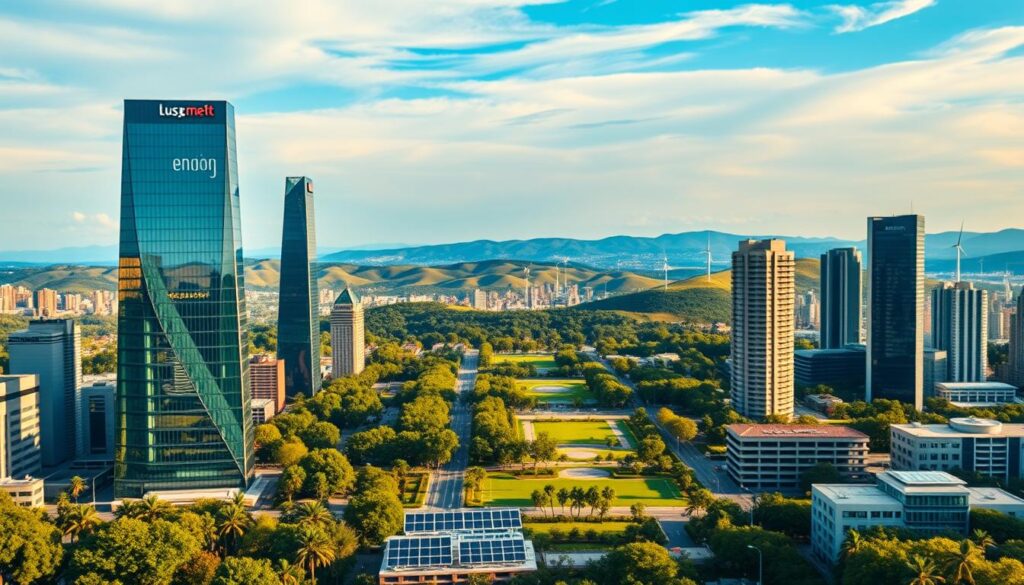 An elegant panoramic cityscape showcasing the headquarters of the top sustainable companies. In the foreground, modern glass-and-steel skyscrapers with sleek, energy-efficient designs stand tall, bathed in warm golden light. The middle ground features lush green parks and gardens, with solar panels and wind turbines dotting the skyline. In the background, rolling hills and a vibrant azure sky create a serene, picturesque backdrop. Vibrant colors, clean lines, and a sense of technological innovation and environmental harmony permeate the scene, captured through a wide-angle lens with a shallow depth of field.