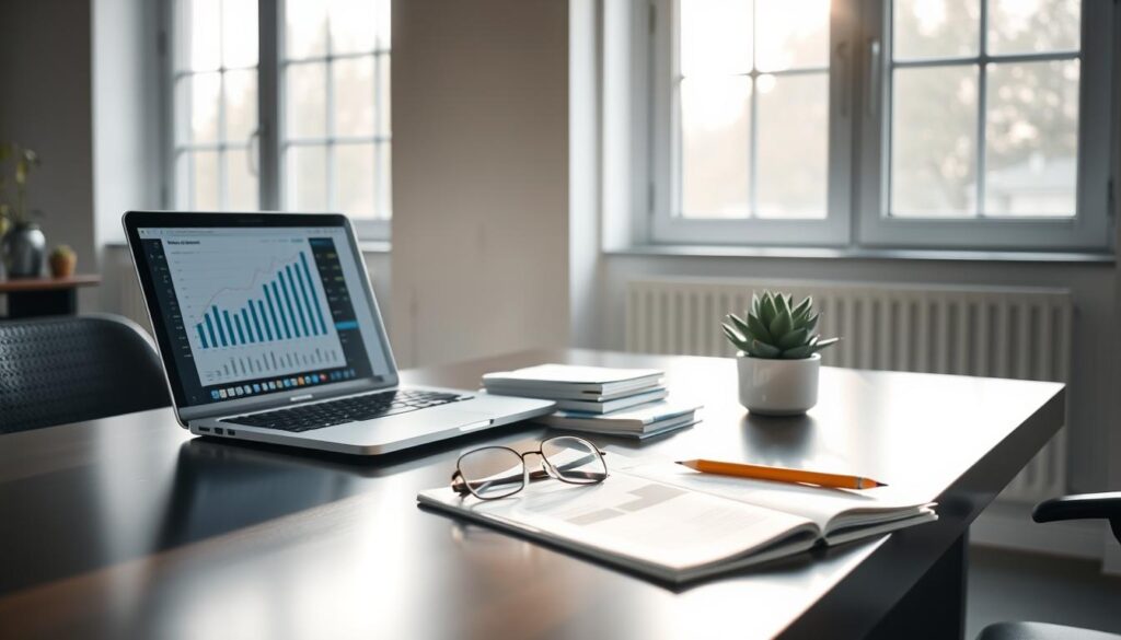 An elegantly designed desk, illuminated by soft natural light filtering through large windows, showcases a meticulously organized workspace. On the surface, a laptop displays financial projections, complemented by a stack of neatly arranged documents and a thoughtfully placed succulent plant. A pair of reading glasses and a well-sharpened pencil suggest a deep analysis of early retirement strategies. The background features a minimalist, serene office setting, with clean lines and muted tones creating a sense of calm focus. The overall atmosphere conveys a harmonious balance between work, personal finance, and the pursuit of financial independence.