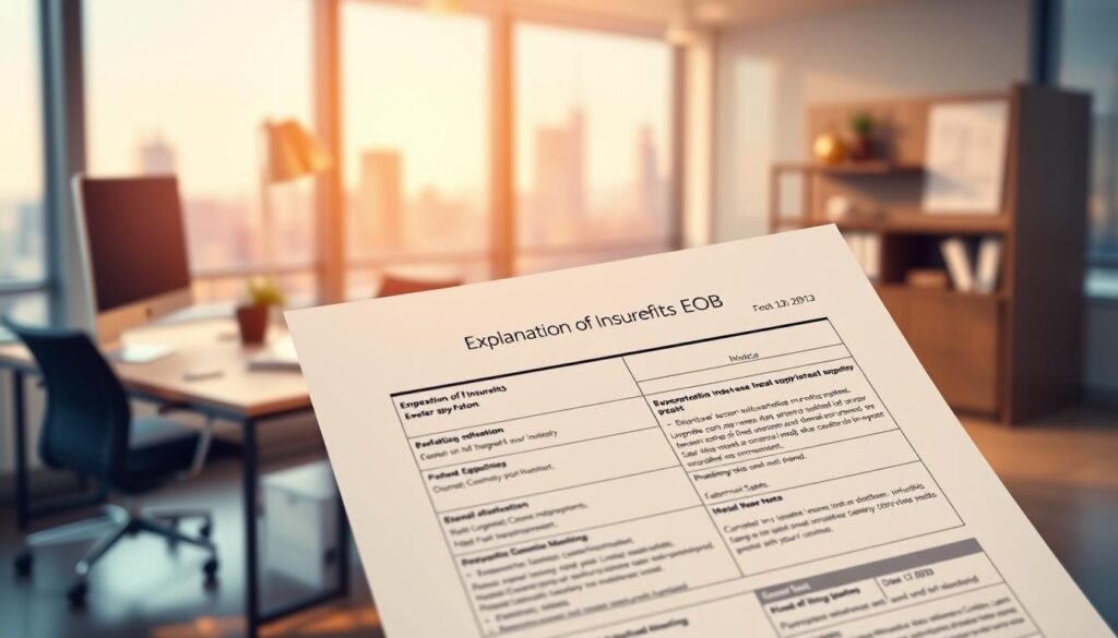 An insurance company's Explanation of Benefits (EOB) document, elegantly rendered in a realistic, detailed style. The EOB is presented in the foreground, with a clean, minimalist design showcasing its key information. The middle ground depicts a professional office environment, with a modern desk, computer, and office supplies, conveying a sense of financial expertise and diligence. The background features a softly blurred cityscape, suggesting the broader context of the healthcare system and insurance industry. The lighting is warm and inviting, creating a sense of trust and reliability. The overall composition and styling evoke a mood of professionalism, clarity, and attention to detail, perfectly suited to illustrate the "Work with Your Insurance Company" section of the article. An insurance company's Explanation of Benefits (EOB) document, elegantly rendered in a realistic, detailed style. The EOB is presented in the foreground, with a clean, minimalist design showcasing its key information. The middle ground depicts a professional office environment, with a modern desk, computer, and office supplies, conveying a sense of financial expertise and diligence. The background features a softly blurred cityscape, suggesting the broader context of the healthcare system and insurance industry. The lighting is warm and inviting, creating a sense of trust and reliability. The overall composition and styling evoke a mood of professionalism, clarity, and attention to detail, perfectly suited to illustrate the "Work with Your Insurance Company" section of the article.