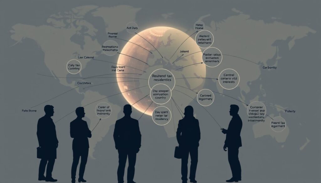 An intricate diagram depicting the complex web of international tax residency rules, showcased against a backdrop of a world map. The foreground features detailed silhouettes of individuals from various nationalities, each connected by a matrix of lines and arrows, representing the flow of tax obligations across borders. The middle ground displays a series of magnifying lenses, highlighting the nuances of residency criteria, such as days spent in a country, center of vital interests, and permanent home. The background features a softly-lit, ethereal globe, symbolizing the global nature of modern taxation. Rendered in a sophisticated, technical style with a muted color palette, evoking a sense of intellectual depth and gravitas befitting the subject matter.