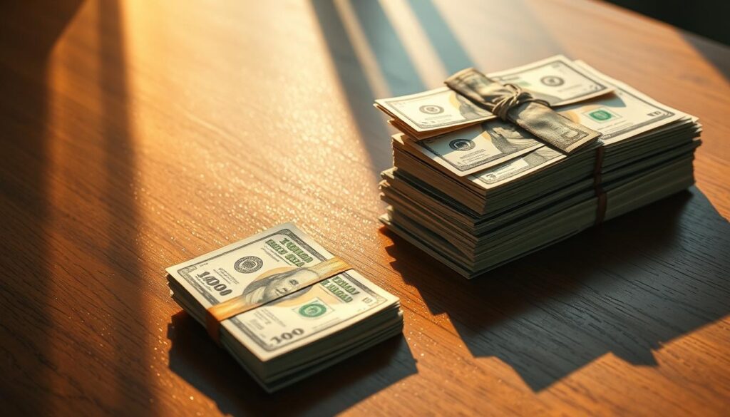 Cash and short-term bonds resting on a sleek, polished wooden table, illuminated by soft, warm lighting that casts gentle shadows. The cash is neatly stacked in piles, with the crisp, clean bills reflecting the light. Nearby, a stack of government bonds and certificates sit securely, symbolizing the stability and reliability of these investments. The scene conveys a sense of financial security and prudence, with the varied textures and subtle shades creating a visually appealing and cohesive composition. The overall mood is one of calm, responsible financial planning, perfectly suited to illustrate the "Cash and Short-Term Bonds for Stability" section of the "Inflation-proof Investments 2025" article.