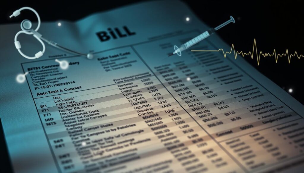 Detailed anatomical medical bill, glowing with ethereal luminescence. Meticulously dissected, each line item and code unfurling in a symphony of digits and abbreviations. Translucent overlays of stethoscopes, syringes, and electrocardiograms float in the periphery, guiding the viewer through the arcane lexicon. Soft, directional lighting casts dramatic shadows, emphasizing the complexity and gravity of the task at hand. The whole scene exudes a pensive, cerebral mood, inviting the viewer to decipher the mysteries of their own medical expenditures. Detailed anatomical medical bill, glowing with ethereal luminescence. Meticulously dissected, each line item and code unfurling in a symphony of digits and abbreviations. Translucent overlays of stethoscopes, syringes, and electrocardiograms float in the periphery, guiding the viewer through the arcane lexicon. Soft, directional lighting casts dramatic shadows, emphasizing the complexity and gravity of the task at hand. The whole scene exudes a pensive, cerebral mood, inviting the viewer to decipher the mysteries of their own medical expenditures.