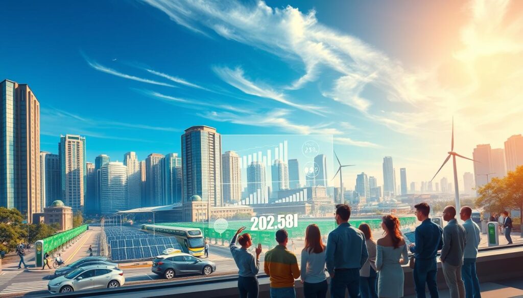 Detailed rendering of ESG investing trends in 2025: A panoramic scene depicting a dynamic cityscape, with modern high-rise buildings and bustling streets. In the foreground, a group of diverse investors gathered around a holographic display, analyzing sustainable investment portfolios and green energy statistics. The middle ground showcases electric vehicles and charging stations, renewable energy infrastructure like solar panels and wind turbines. The background features a clear, blue sky with wispy clouds, conveying a sense of environmental consciousness and progress. Warm, gentle lighting illuminates the scene, creating an atmosphere of optimism and innovation surrounding the future of sustainable finance.