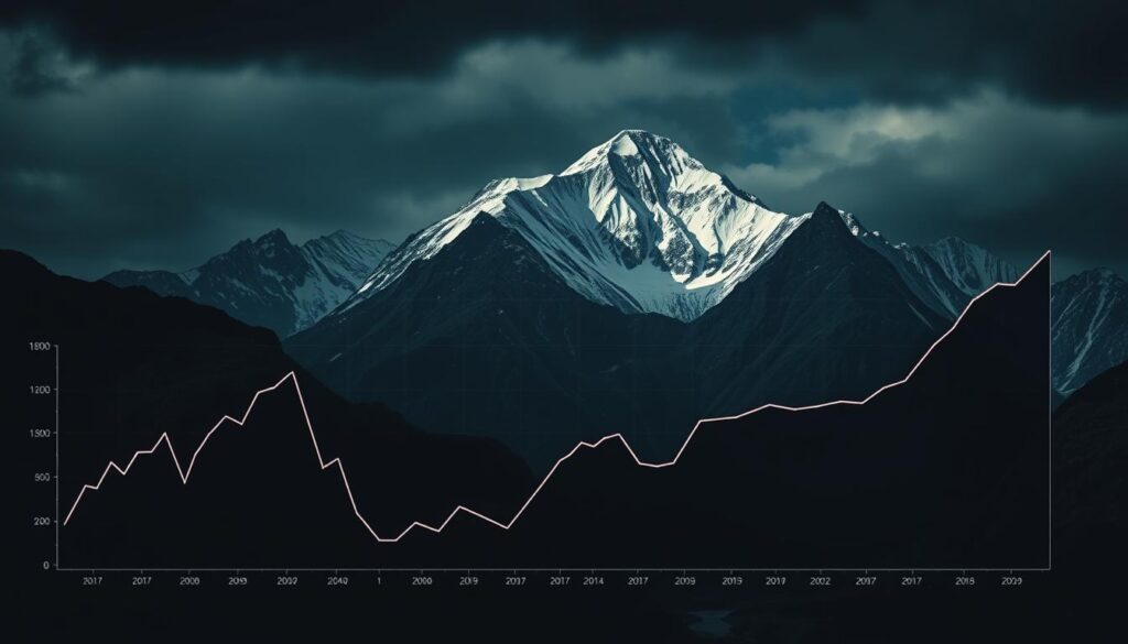 Dramatic landscape contrasting short-term and long-term investment growth. In the foreground, a chart depicting rapid, erratic short-term growth, with volatile peaks and valleys. In the middle ground, a serene chart of steady, gradual long-term growth, rising steadily over time. The background features a rugged, snow-capped mountain range, symbolizing the stability and resilience of long-term investing despite market turbulence. Moody, atmospheric lighting casts long shadows, creating a sense of depth and drama. Tightly framed, the charts fill the frame, emphasizing the stark differences between the two strategies.