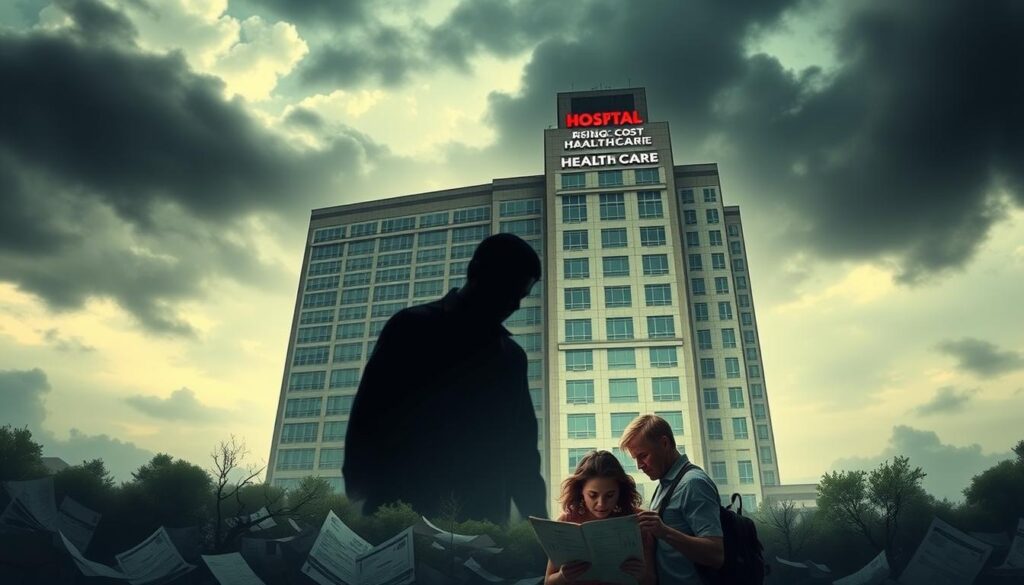 Dramatic panoramic landscape of a towering hospital building, its facade emblazoned with the rising cost of healthcare. In the foreground, a family struggles to navigate a maze of medical bills and insurance forms, their expressions conveying the overwhelming burden. The middle ground features a shadowy figure, a personification of the bureaucracy, looming over the scene. The background is shrouded in a hazy, ominous atmosphere, with storm clouds gathering, symbolizing the growing financial storm facing patients. Soft, dramatic lighting illuminates the stark contrast between the imposing structure and the human struggles below, conveying the sense of helplessness and the urgent need for reform. Dramatic panoramic landscape of a towering hospital building, its facade emblazoned with the rising cost of healthcare. In the foreground, a family struggles to navigate a maze of medical bills and insurance forms, their expressions conveying the overwhelming burden. The middle ground features a shadowy figure, a personification of the bureaucracy, looming over the scene. The background is shrouded in a hazy, ominous atmosphere, with storm clouds gathering, symbolizing the growing financial storm facing patients. Soft, dramatic lighting illuminates the stark contrast between the imposing structure and the human struggles below, conveying the sense of helplessness and the urgent need for reform.