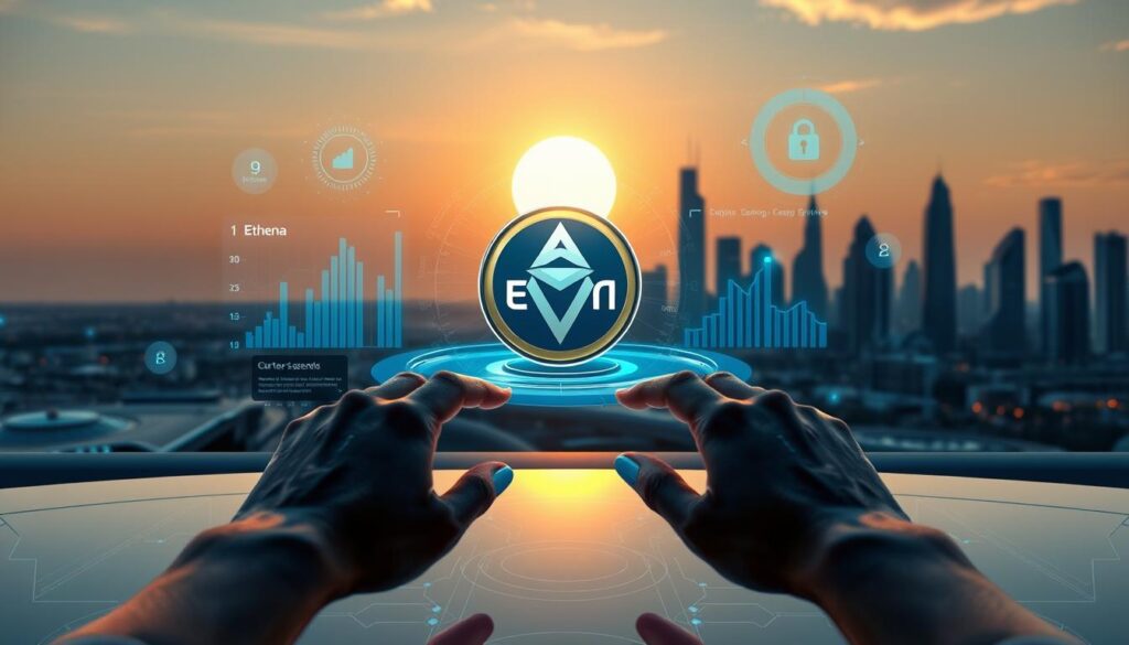 Ethena stablecoin staking: a serene, futuristic landscape with a gleaming Ethena token at the center, surrounded by ethereal data visualizations and holographic interfaces. In the foreground, a user interacts with a smooth, intuitive staking dashboard, their hands glowing with a soft blue light. The background features a city skyline of sleek, angular buildings, bathed in a warm, golden glow from the setting sun. The entire scene conveys a sense of security, stability, and advanced technology, perfectly reflecting the "Ethena: Stablecoin Staking with High APY" section of the "secure DeFi investments" article.