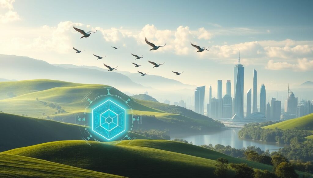 Lush, verdant landscape with rolling hills and a serene lake. In the foreground, a stylized NFT artwork depicts a unique digital asset, emanating a mesmerizing holographic glow. Surrounding it, a flock of cryptocurrency-inspired birds soar across the sky, symbolizing the passive income potential of NFT royalties. The mid-ground showcases a striking, futuristic metropolis, its gleaming skyscrapers and holographic billboards hinting at the integration of interactive NFTs into the cityscape. Soft, diffused lighting bathes the scene, creating a sense of tranquility and technological wonder. The overall atmosphere conveys the fusion of cutting-edge digital innovation and the promise of sustainable, long-term financial rewards.