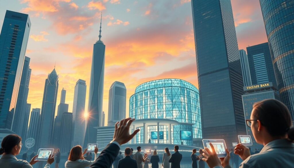 Prompt An ethereal cityscape of the future, where towering skyscrapers with sleek, glass facades reflect the vibrant hues of the sky. In the foreground, a group of people engage with holographic interfaces, their hands gesturing intuitively as they navigate the seamless digital banking experience. The middle ground features a gleaming, futuristic bank building, its architecture a harmonious blend of organic and geometric elements, symbolizing the fusion of technology and sustainability. The background is bathed in a warm, golden light, creating a sense of optimism and innovation, as if this is the dawn of a new era for ethical banking.