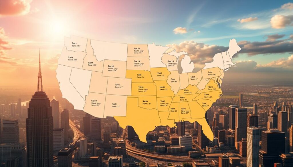 State AI Tax Rules: A detailed diagram depicting the varied tax regulations and policies governing artificial intelligence revenue across different U.S. states. The foreground showcases a sprawling cityscape with futuristic skyscrapers and autonomous vehicles, representing the technological landscape. In the middle ground, state outlines are prominently displayed, each with distinct color-coded tax policies and rate structures. The background features a vibrant, ethereal sky with rays of light streaming through, conveying a sense of dynamism and progress. The overall scene is captured with a wide-angle lens, creating a panoramic, comprehensive view of the intricate state-level AI taxation framework.