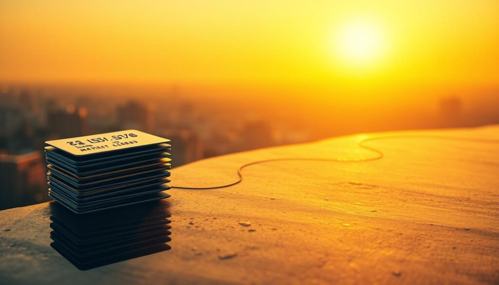 Warm, golden light cascades across a winding timeline, etched with the milestones of credit building. In the foreground, a stack of credit cards symbolizes the journey, their reflections mirroring the patient progress. The middle ground features a graph charting the steady rise of credit scores, underpinned by responsible financial habits. In the background, a cityscape unfolds, hinting at the opportunities unlocked by a strong credit profile. The overall scene conveys a sense of perseverance, with the timeline serving as a visual metaphor for the long-term commitment required to build credit. Subtle textures and a muted color palette lend an air of authenticity, grounding the image in the realities of personal finance.