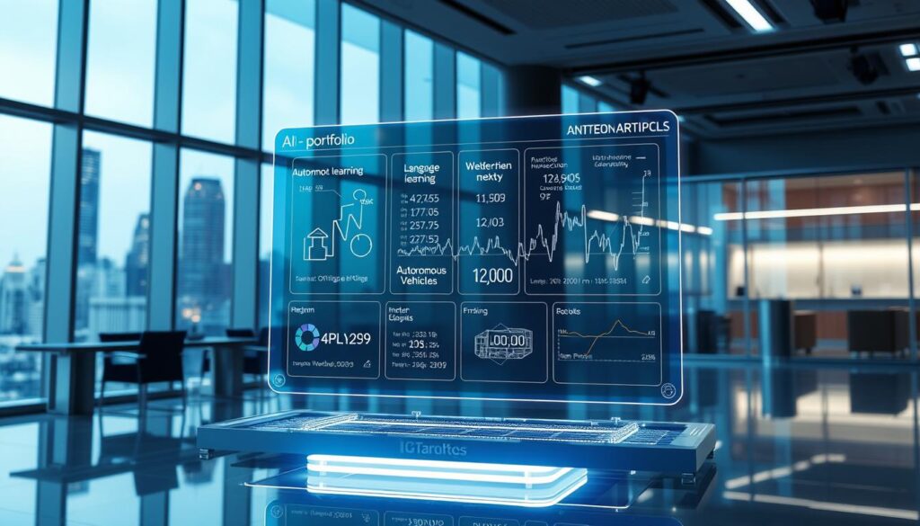 a high-tech portfolio display with a holographic projection of stock tickers and financial data, set against a backdrop of sleek, modern office interior with large windows overlooking a futuristic cityscape; the portfolio display is made of transparent glass and steel, with sections representing different AI-driven industries like autonomous vehicles, machine learning, and natural language processing; the lighting is cool and blue-tinted, creating a professional, analytical atmosphere; the camera angle is slightly elevated, giving an overview of the diversified portfolio and its components a high-tech portfolio display with a holographic projection of stock tickers and financial data, set against a backdrop of sleek, modern office interior with large windows overlooking a futuristic cityscape; the portfolio display is made of transparent glass and steel, with sections representing different AI-driven industries like autonomous vehicles, machine learning, and natural language processing; the lighting is cool and blue-tinted, creating a professional, analytical atmosphere; the camera angle is slightly elevated, giving an overview of the diversified portfolio and its components