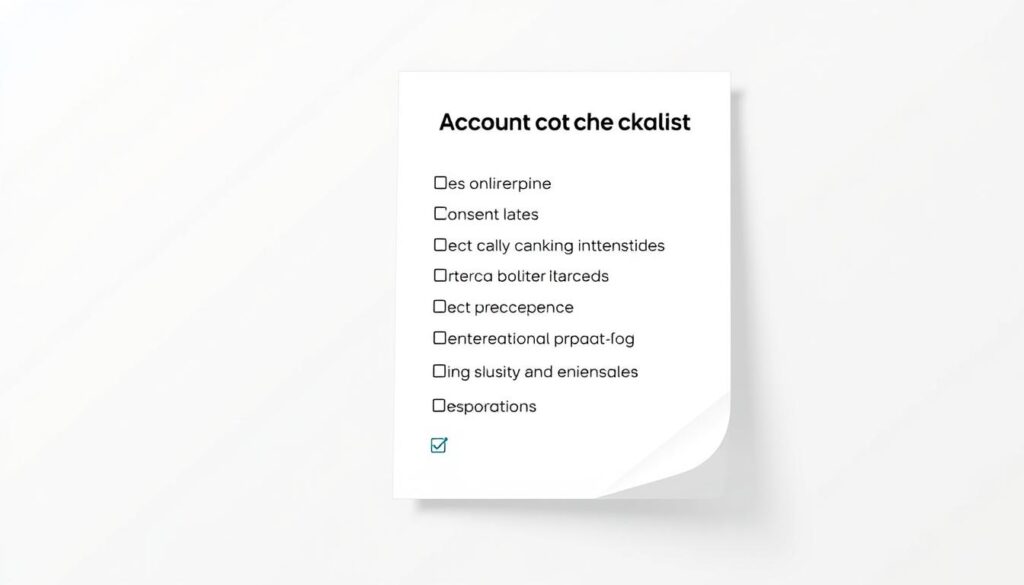 a minimalist, high-contrast illustration showing an account selection checklist against a simple, clean background. In the foreground, the checklist features a series of checkboxes and concise bullet points outlining key considerations like account fees, interest rates, online banking capabilities, and international transaction fees. The middle ground has a subtle grid or graph paper texture, suggesting an organized, analytical approach. The background is a plain, solid color or a faint gradient, keeping the focus on the checklist itself. The overall mood is professional, practical, and informative, reflecting the subject of "best international accounts" and the section title "Final Tips Before Choosing Your Account".