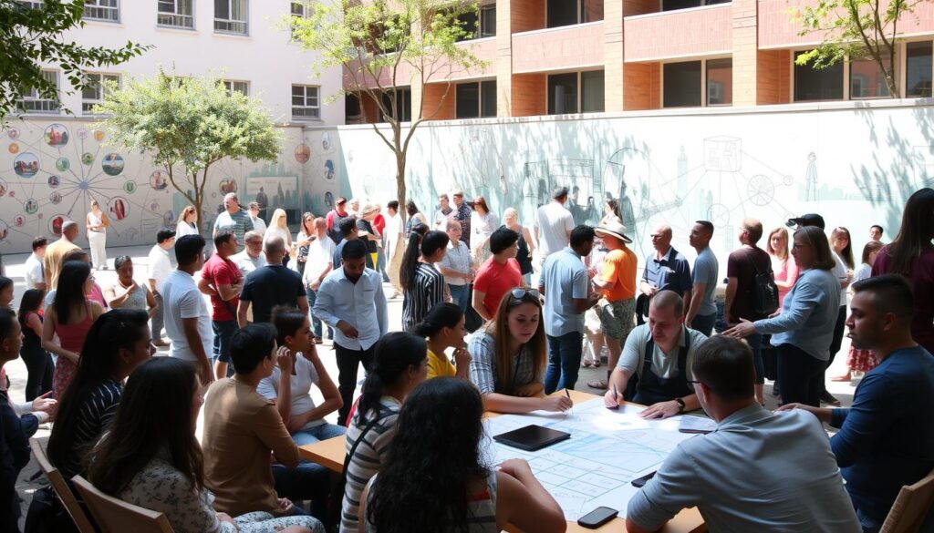 a vibrant community gathering in a sun-dappled public plaza, with groups of people engaged in lively discussions, exchanging ideas, and collaborating on various projects. In the foreground, a diverse array of individuals sit around a large communal table, sketching out concepts and sharing digital devices. The middle ground features smaller clusters of people networked together, gesturing animatedly as they plan and strategize. In the background, a mural adorns the walls, depicting scenes of interconnectedness and innovation. The atmosphere is one of energy, creativity, and a sense of shared purpose, perfectly capturing the essence of building a thriving community before launching a new venture. a vibrant community gathering in a sun-dappled public plaza, with groups of people engaged in lively discussions, exchanging ideas, and collaborating on various projects. In the foreground, a diverse array of individuals sit around a large communal table, sketching out concepts and sharing digital devices. The middle ground features smaller clusters of people networked together, gesturing animatedly as they plan and strategize. In the background, a mural adorns the walls, depicting scenes of interconnectedness and innovation. The atmosphere is one of energy, creativity, and a sense of shared purpose, perfectly capturing the essence of building a thriving community before launching a new venture.