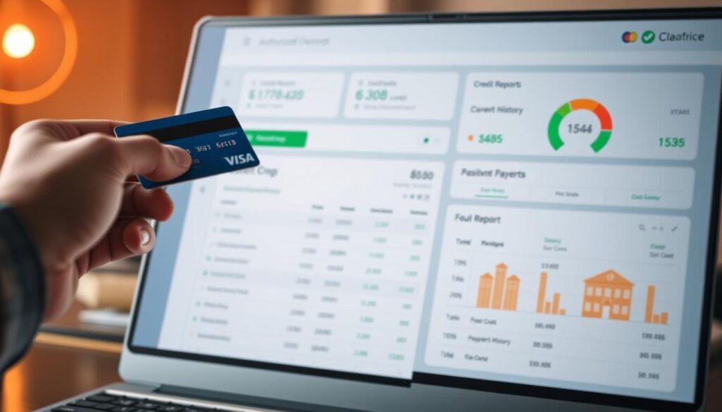 an authorized user benefits image, focused on the concept of "Become an Authorized User on a Trusted Account" - the foreground depicts a person's hand confidently using a credit card, the middle ground shows a detailed credit report with positive payment history, and the background features a modern financial dashboard displaying credit score and account details in a clean, minimalistic design. Warm, soft lighting creates a sense of security and trust, while the overall composition conveys the idea of building credit through authorized user status on a well-managed account.