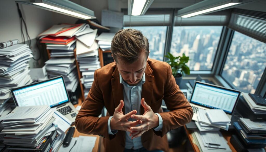 side hustle mistakes to avoid, high-angle shot of a cluttered desk with stacks of paperwork, overflowing in-tray, crumpled receipts, and a laptop displaying a spreadsheet with confusing data, all under harsh overhead fluorescent lighting casting harsh shadows, conveying a sense of overwhelming disorganization and stress, in the foreground a stressed-out business owner holding their head in their hands, with a worried expression, in the background a window showing an appealing city skyline, hinting at the missed opportunities outside due to poor planning and management