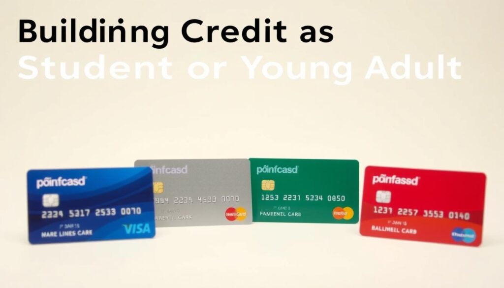 student credit cards against a clean, minimalist background, with a modern, elegant aesthetic. The cards are arranged in a visually appealing, slightly elevated perspective, showcasing their design features such as the logo, color scheme, and magnetic strip. The lighting is soft and diffused, creating a sense of depth and dimension. The cards are positioned to convey a sense of organization and financial responsibility, reflecting the theme of "Building Credit as a Student or Young Adult". The overall mood is one of professionalism, simplicity, and financial empowerment.